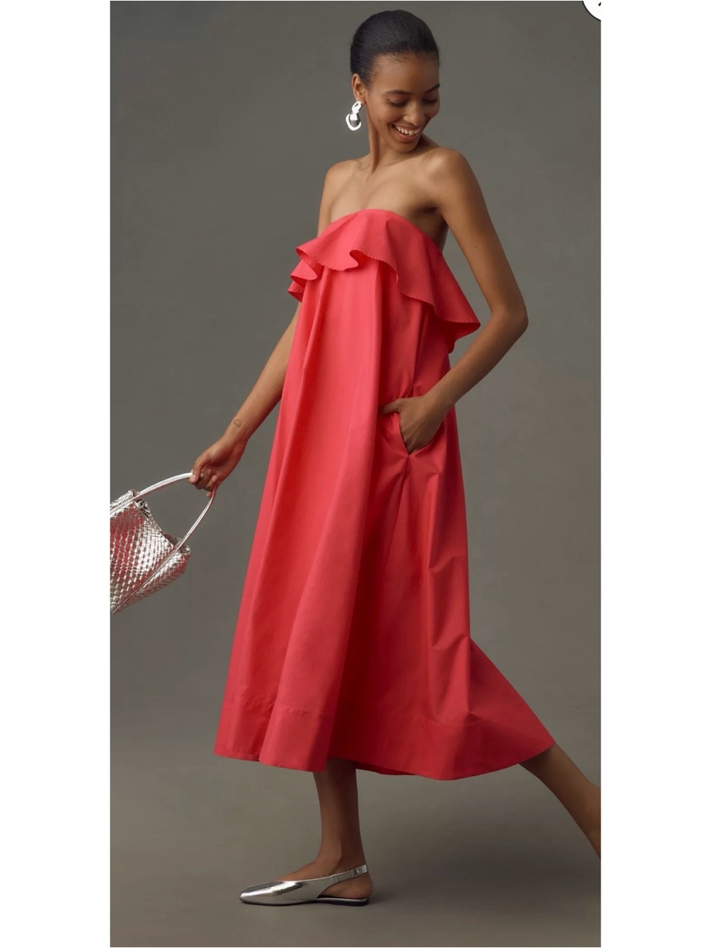 By Anthropologie Strapless Flounce A-Line Midi Dress Hot Pink Size Small S - Picture 10 of 10